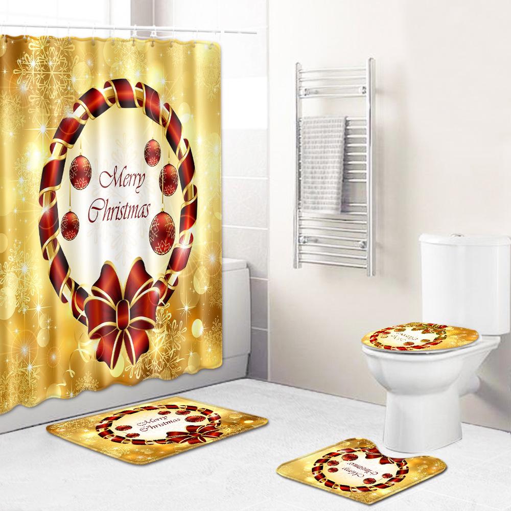 Christmas Shower Curtain Floor Mat Combination Four-Piece Set Bathroom Toilet Carpet Shower Room Mat Foot Mat