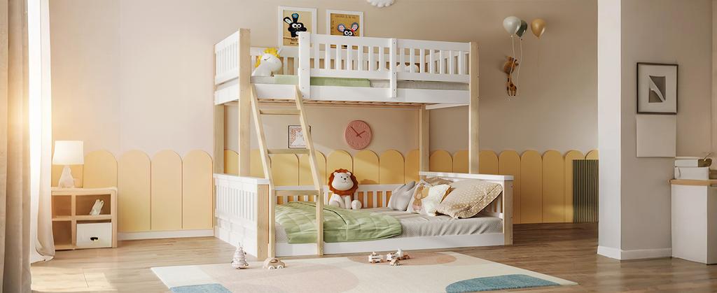 Bunk Bed, 90x200cm+140x200cm, Ladder, Bed Guard Rail, Simple Style, without Mattress, White + Natural