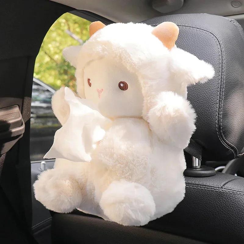 Car Mounted Fixed Tissue Box Cute Plush Doll Shape Lamb and Pig Shape Doll Hanging Decoration Tissue Holder Tissue Box Car Decor