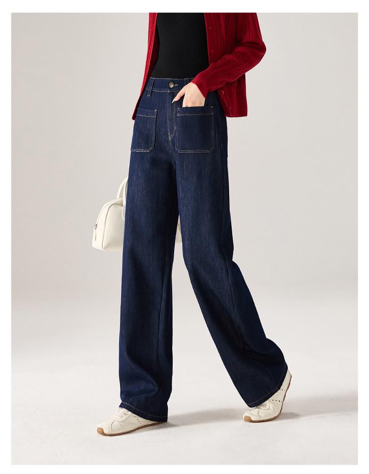 Design Sense: Front Pocket Plush Thickened Wide Leg Jeans for Women - Winter 2025 Fashionable High-Waisted Floor Pants