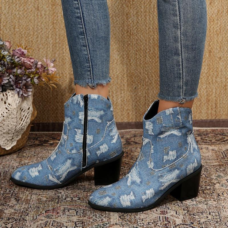 Außenhandel neue Denim High-Heel kurze Martin Stiefel Damen grenzüberschreitende dünne Retro-Stil spitz zulaufende Cowboy-Stiefel