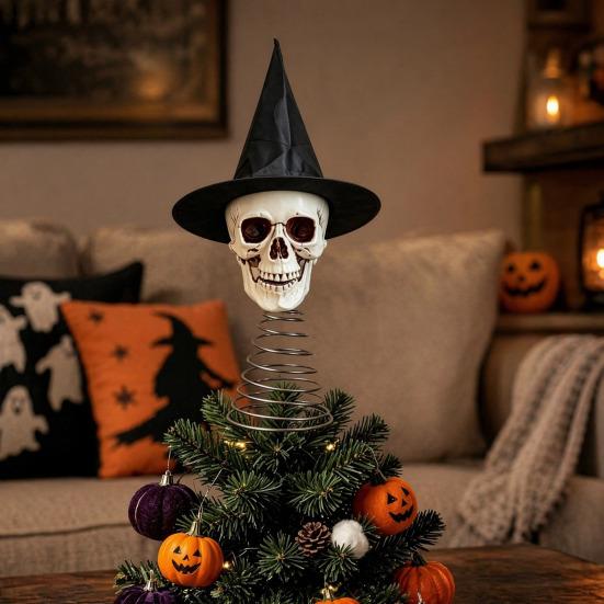 Distressed Resin Skull Topper Halloween Witch Hat Tree Topper, Gothic Skeleton Figurine for Versatile Party Decor, Spooky Festive Home Ornament, Trick