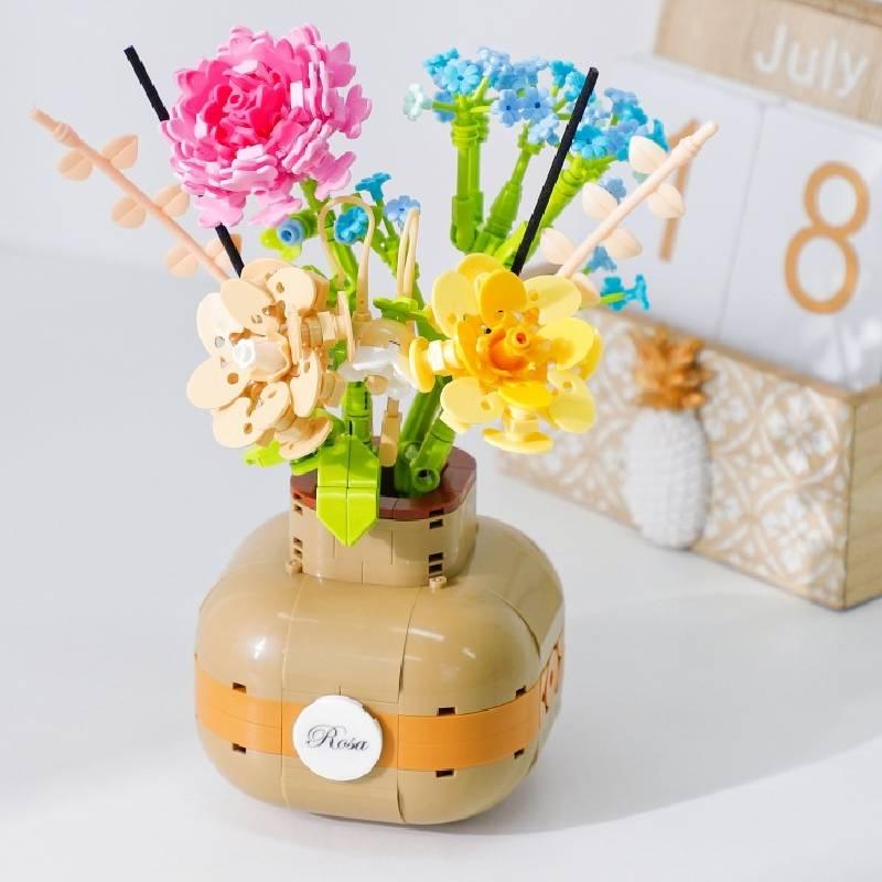 Mini Sunflower Rose Block Flower Bouquet In Vase Puzzle Toy Birthday Gift For Girls