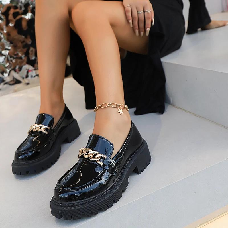 Fashion Women Shoes New Black Round Toe Loafers Women Spring Autumn Thick Sole Med Heel Pumps Ladies Comfortable Elegant Woman Plat Shoe