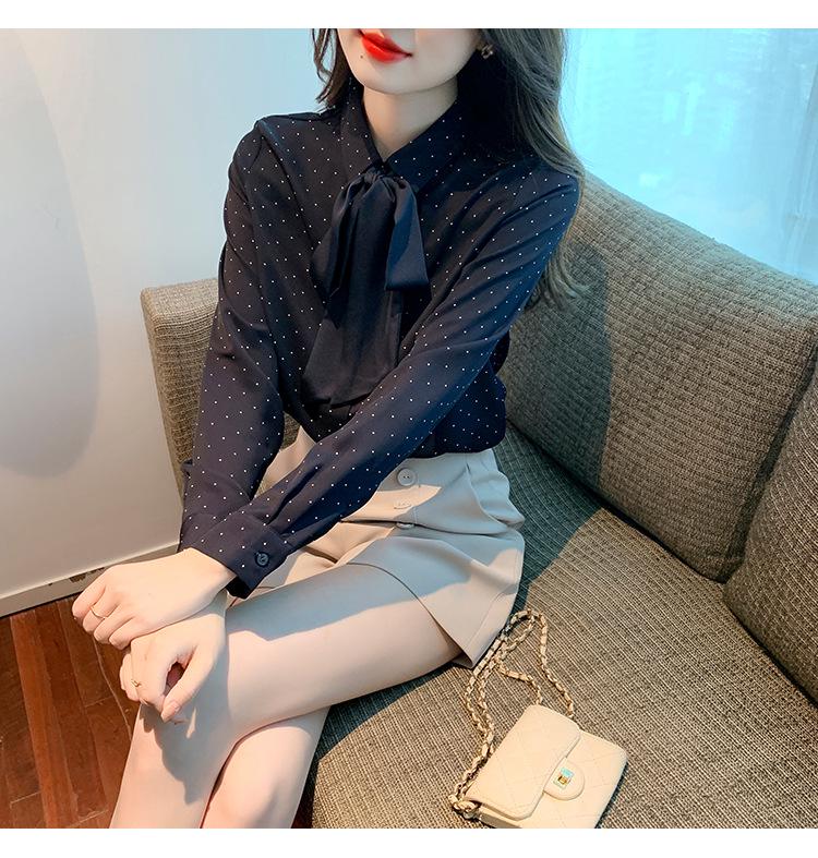 Polka Dot Bowknot Chiffon Blouse - Women's Long Sleeve Autumn Fashion