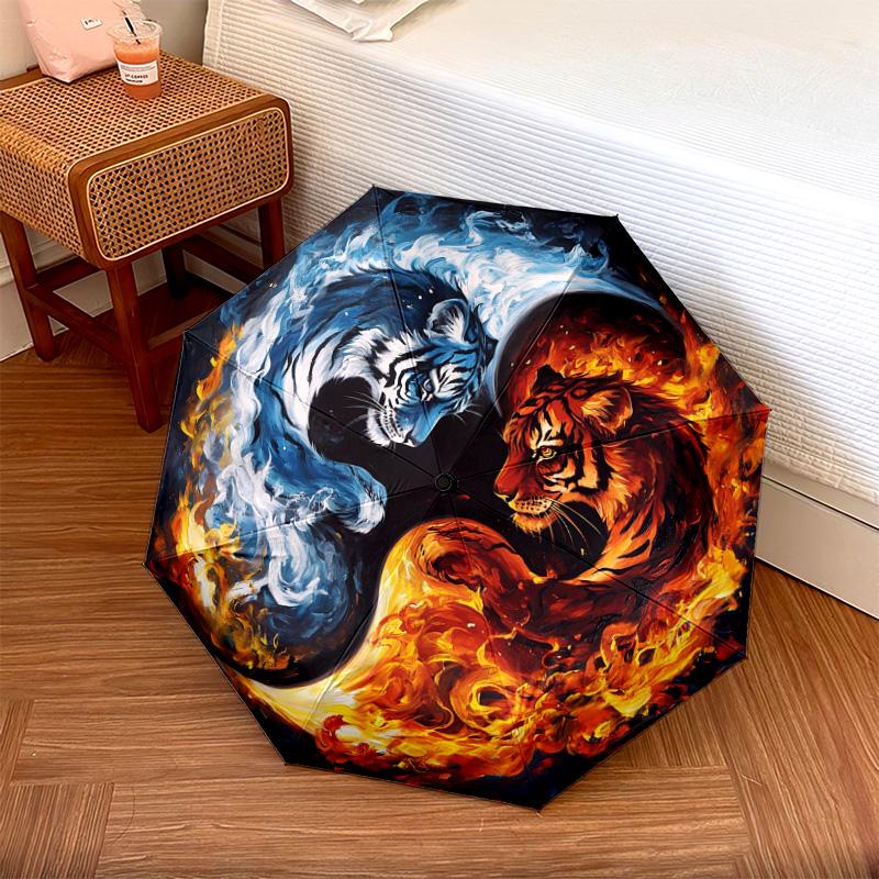 1 PC Automatic Folding Umbrella - Yin Yang Tiger Pattern, Portable & Foldable Design with 8 Ribs, Christmas Birthday Gifts