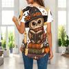 Womens Plus Size Short Sleeve Top Western Cowboy Skeleton Pumpkin Floral Print Irregular Pointed Hem Casual Blouse