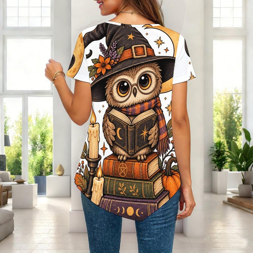 Womens Plus Size Short Sleeve Top Western Cowboy Skeleton Pumpkin Floral Print Irregular Pointed Hem Casual Blouse