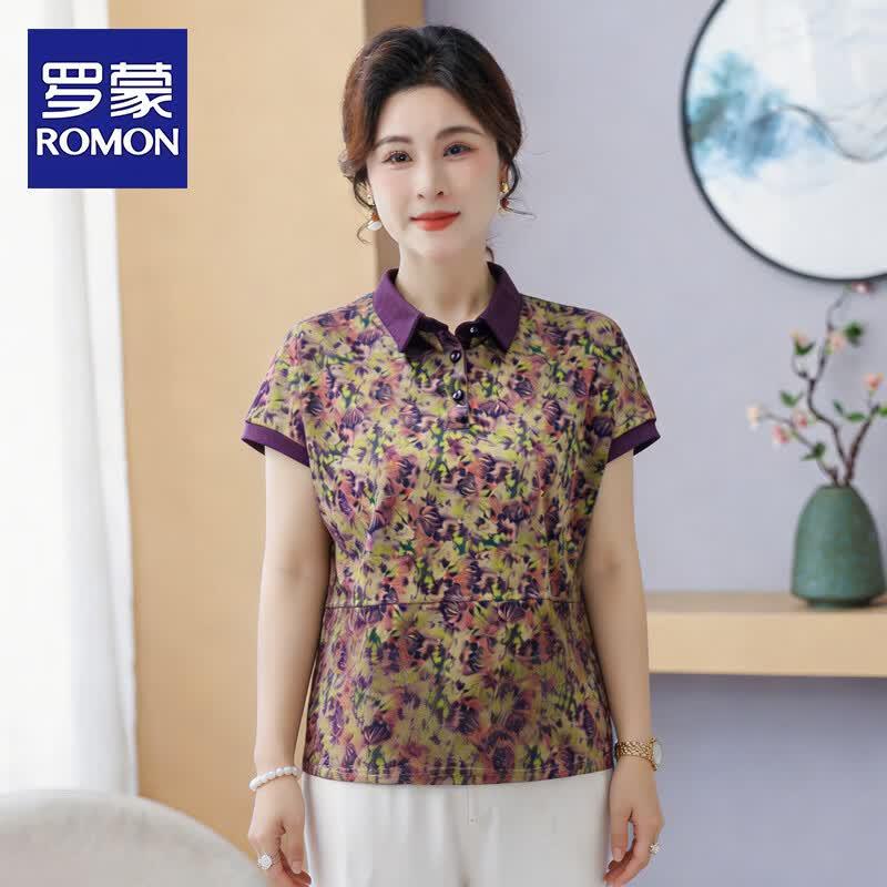 ROMON Women s Floral Print Polo Short Sleeve T-Shirt 8XL