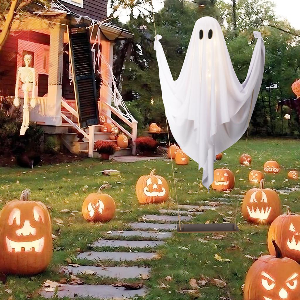 Halloween Outdoor Decoration - 5ft Large Hanging Swing Halloween Decoration With String Lights - Scary Cute Decoration For Front Porch Patio Tree