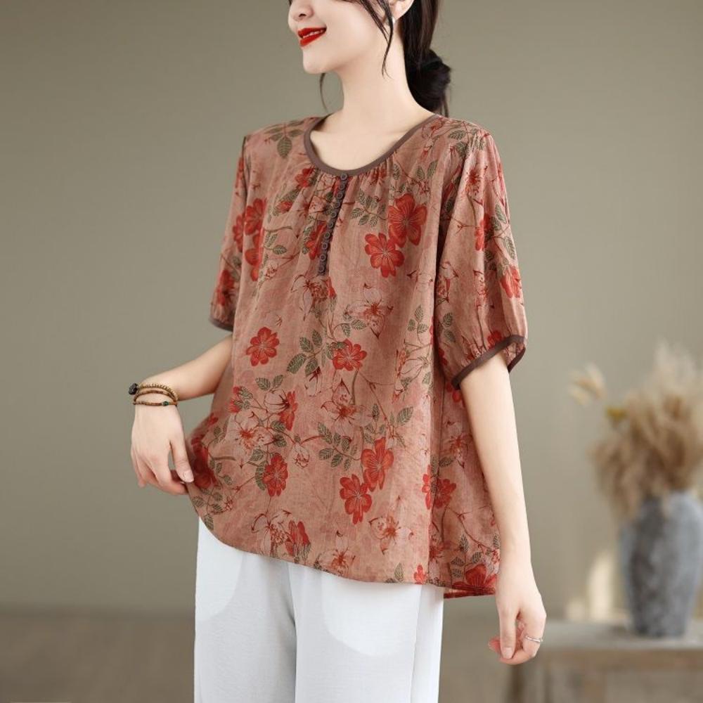 Summer Thin Printed Color Pullover Short Sleeved Shirt Artistic Retro Loose Bubble Cotton Linen T-shirt Top