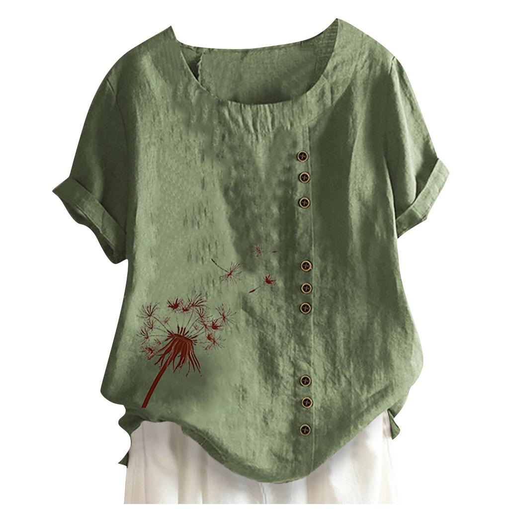 Kvinner Knapper Kortermet Blomstertrykk Knapper Bomull Lin Vintage Topp