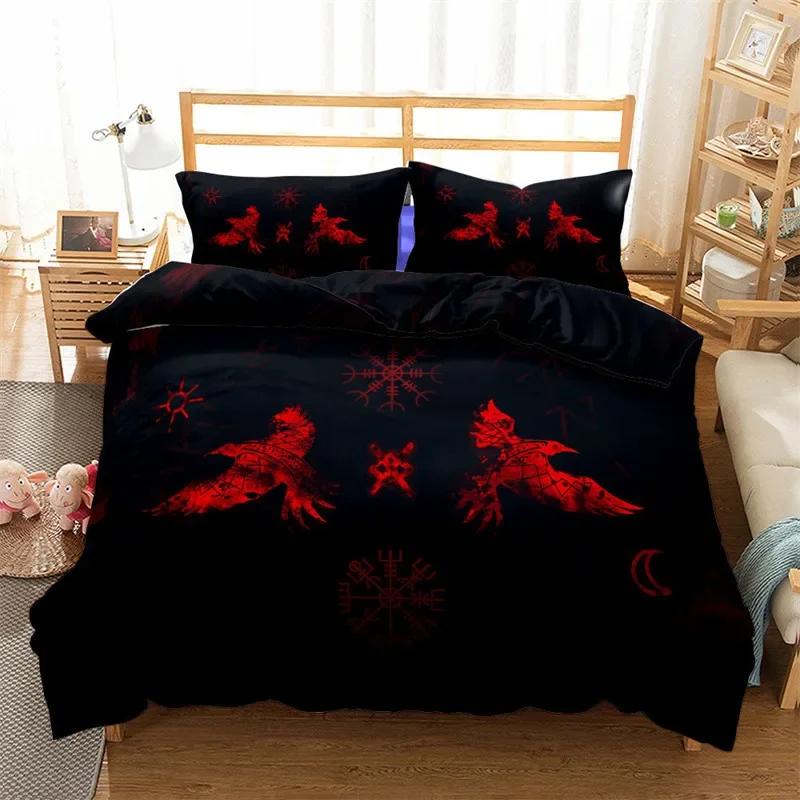 Viking Duvet Cover Set King/Queen Size Slate Blue Mjolnir Pattern Bedding Set Northern Germanic Culture Polyester Quilt Cover