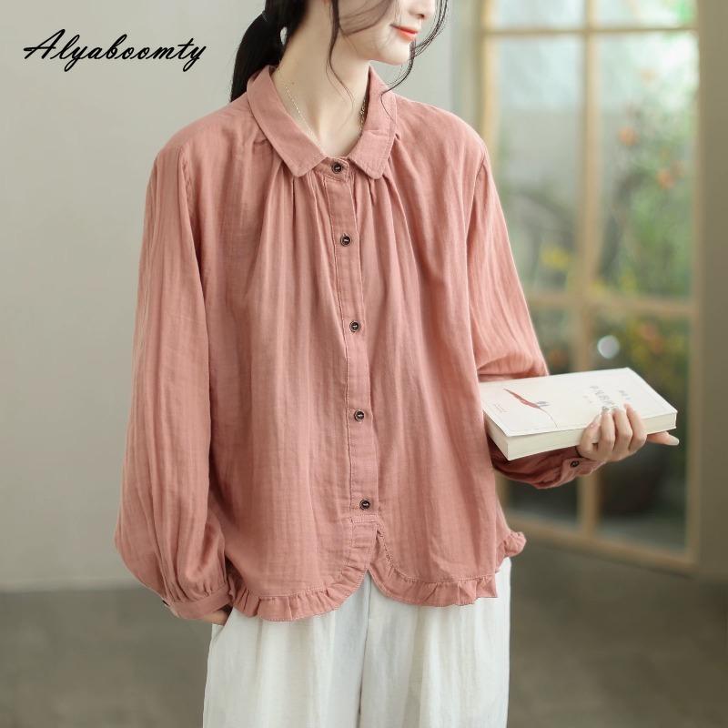 2026 Plus Sie Spring Autumn Women Casual Loose Basic Blouse Turn-Down Collar Blue Cotton Shirt Long Sleeve Baggy Comfortable Ladies' Blouse
