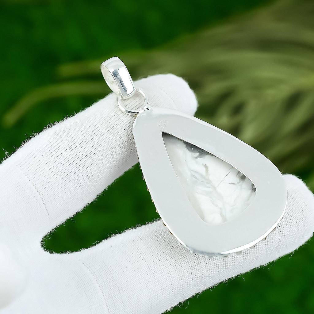 925 Sterling Silver Pear Natural Howlite Bezel Birthday Mother Pendant Jewelry