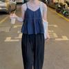 Elegance Casual Stylish Vest Outer Wear Summer Simple Temperament V-neck Loose Design Pleated Ruffled Sleeveless Undershirt Denim Suspenders Female
