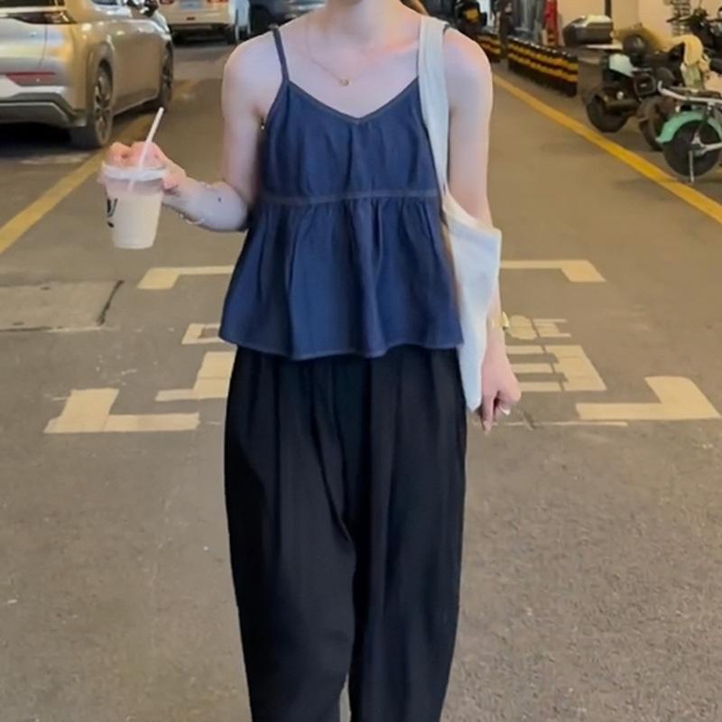 Elegance Casual Stylish Vest Outer Wear Summer Simple Temperament V-neck Loose Design Pleated Ruffled Sleeveless Undershirt Denim Suspenders Female