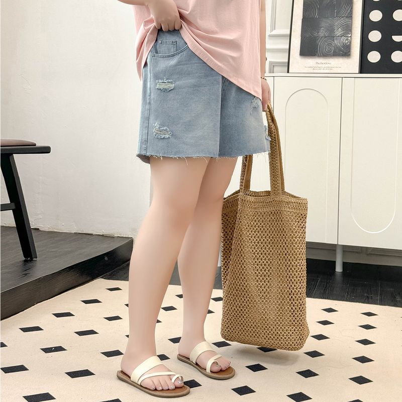 

Plus size women clothing [Ripped Jeans Shorts] Chubby Girl Summer Retro Casual All-matching High Waist Frayed Straight Hot Pants Light Blue 46