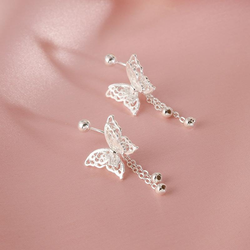 Silver Color Hollow Butterfly Tassel Earrings for Women Simple Curved Hook Screw Buckle Earrings Y2K Elegent Jewelry Gift