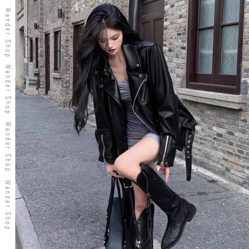 Black Suit Collar, Leather Jacket, Women's Niche Design Sense, Wear Ruffian Handsome Motorcycle Jacket, Trendy Top