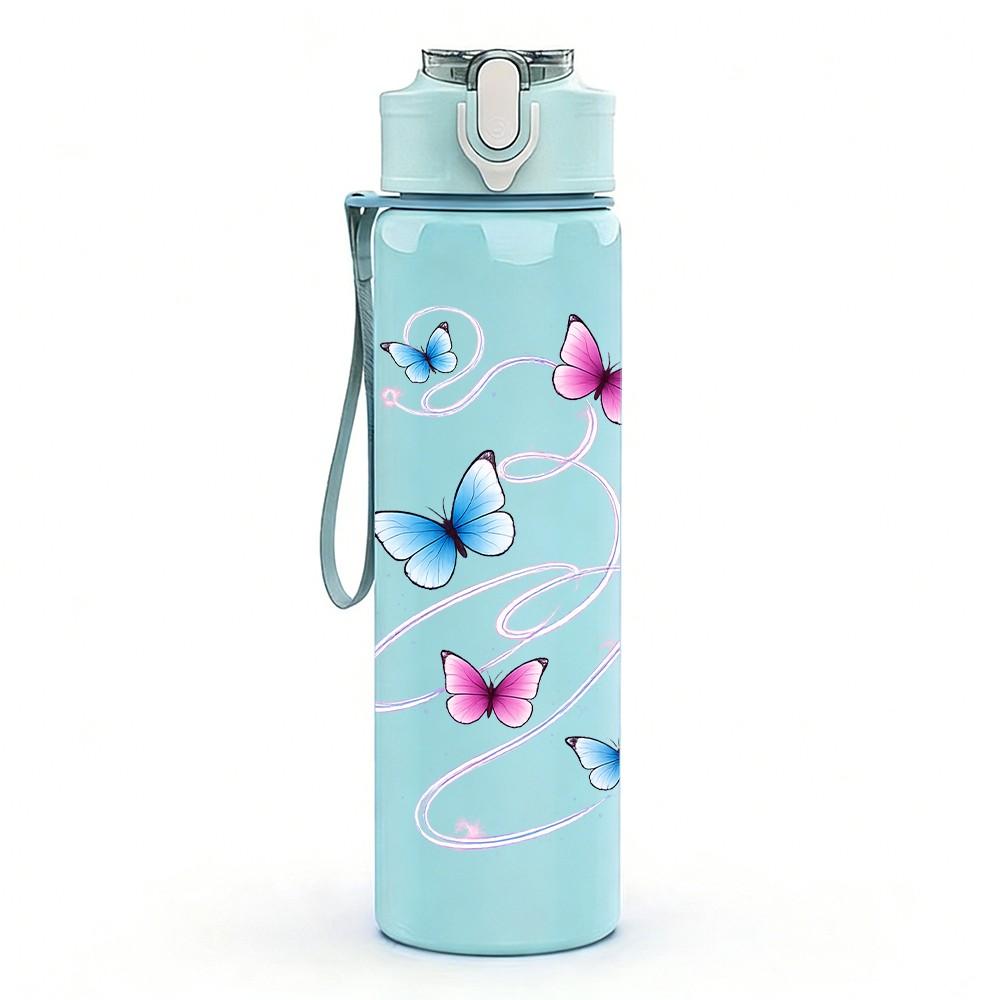 1PC Multiple Butterflies Floating Air Print 750ml Color Plastic Sports Water Bottle Leakproof Flip Straw Lid Suitable for Sports Office Home Use