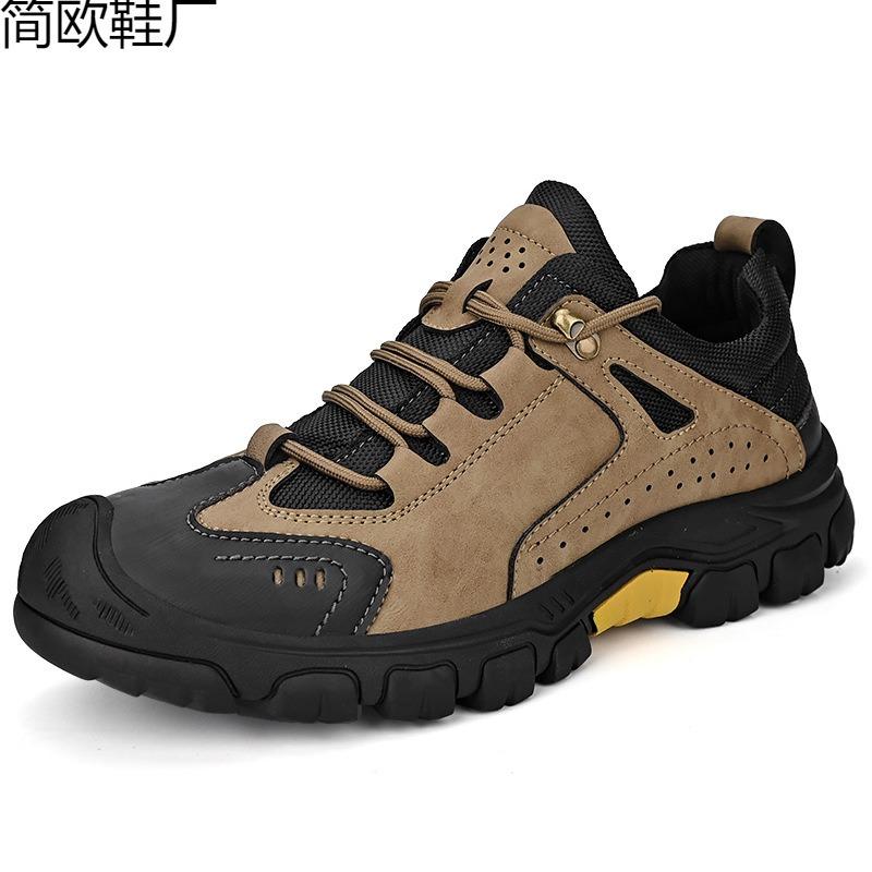 Outdoor leather mountaineering men's shoes leather outdoor tooling shoes men's bag head non-slip low-top mountaineering