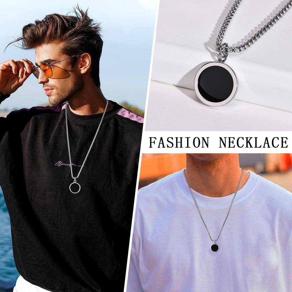 Vnox Necklaces for Men, Geometric Enamel Round Coin Oval Square Pendant with Box Chain, Casual Male Boy Cool Collar