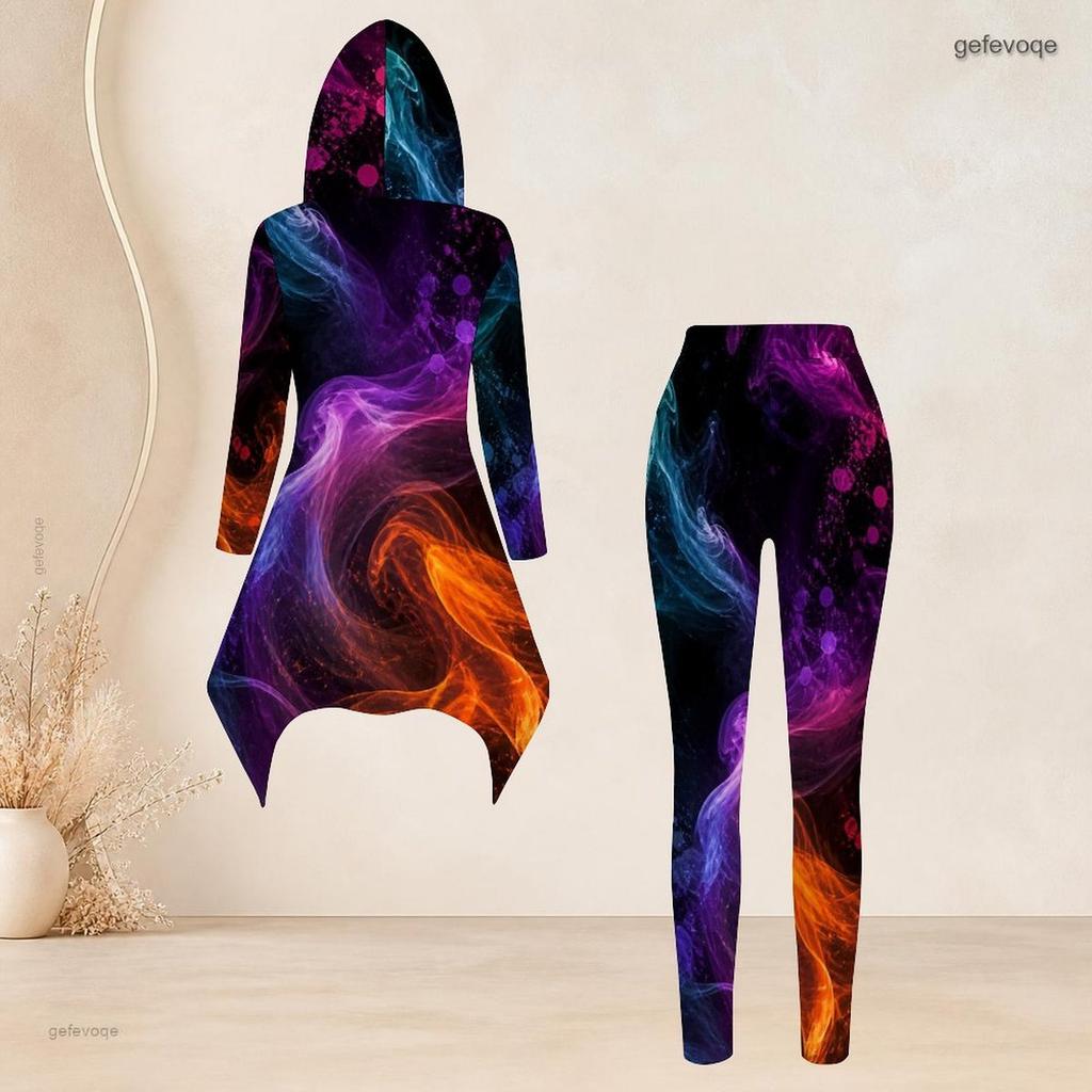 Women Plus Size Tie Dye Printed Hooded Long Sleeve High Low Top And Fitted Pants Two Piece Set