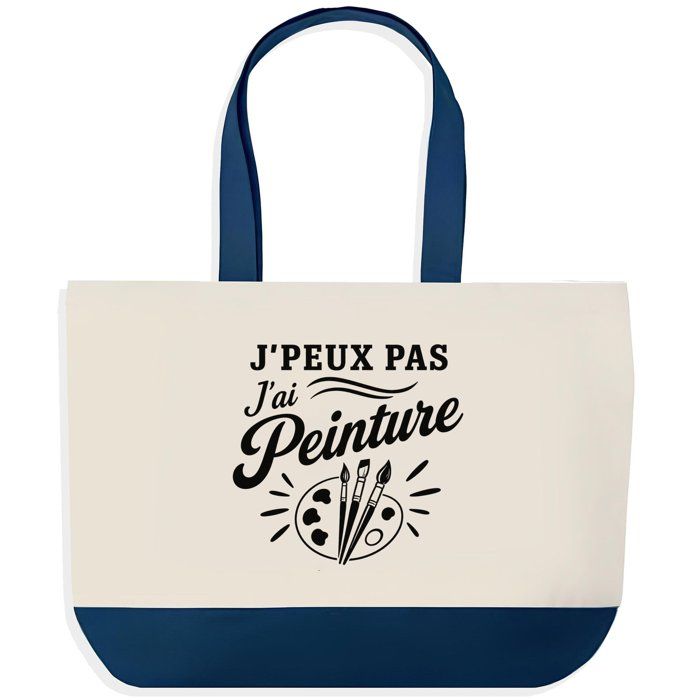 Grand Sac Cabas Fond Bleu J’peux pas j’ai Peinture J'peux pas minimaliste | Toile de Coton 170 g/m² 27 L Poche Intérieure Anses 64