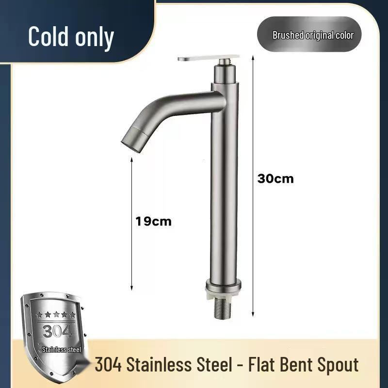 Brushed Stainless Steel Single Cold Water Washbasin Faucet for Flat or Countertop Basin 