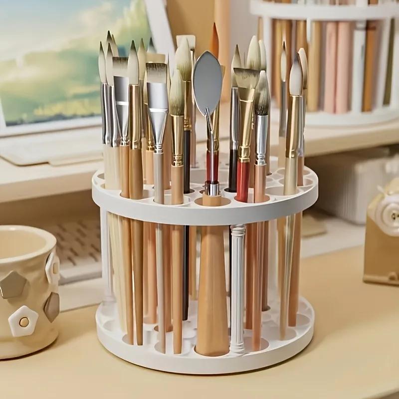 

White 360° Rotating Makeup Brush Organizer – Space-Saving Desktop Stand for Art Pens & Cosmetics