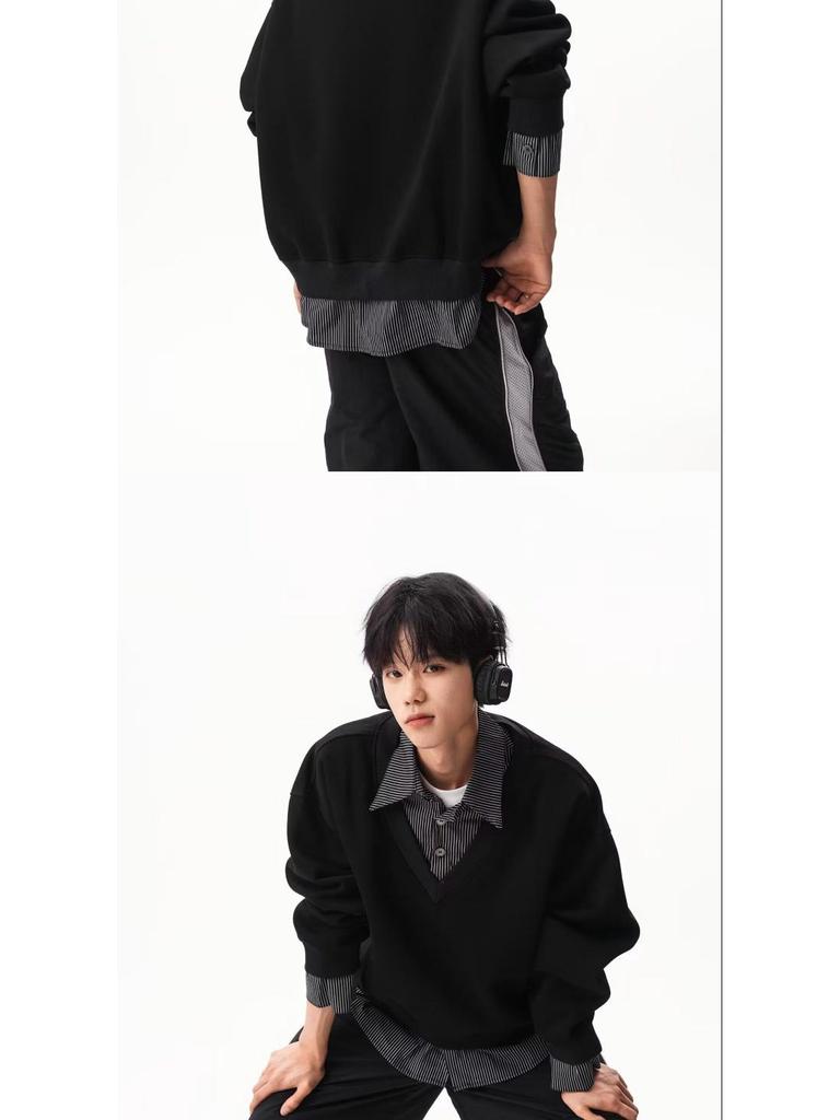 Autumn Faux Two-Piece Hoodie - Unisex Korean Style Loose Pullover with Shirt Collar