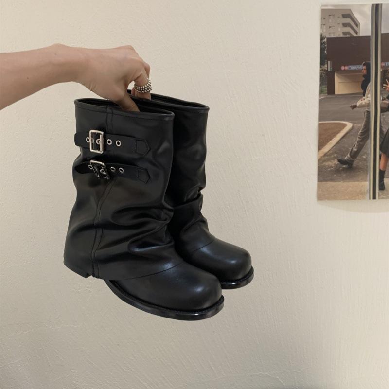 French Spice Girl Style Belt Buckle Thick Heel Trendy Pant Pants Boots Women's Autumn and Winter Fashion Versatile Fried Street Suede Pile Boots