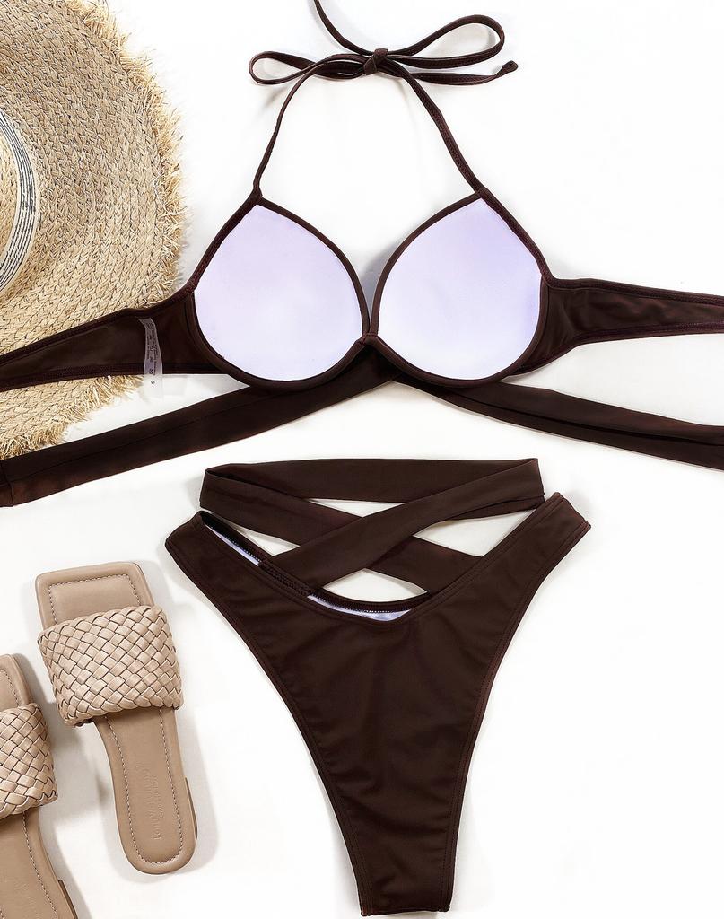 Women's Solid Color Sexy Split Swimsuit High Waist Bikini Set Back Tie