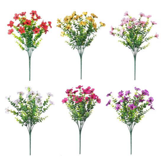 5Pcs Artificial Violet Flower with Green Leaves 7 Fork Fake Silk Flower Stem Home Office Wedding Party Indoor Outdoor Faux Bloom Table Centerpiece
