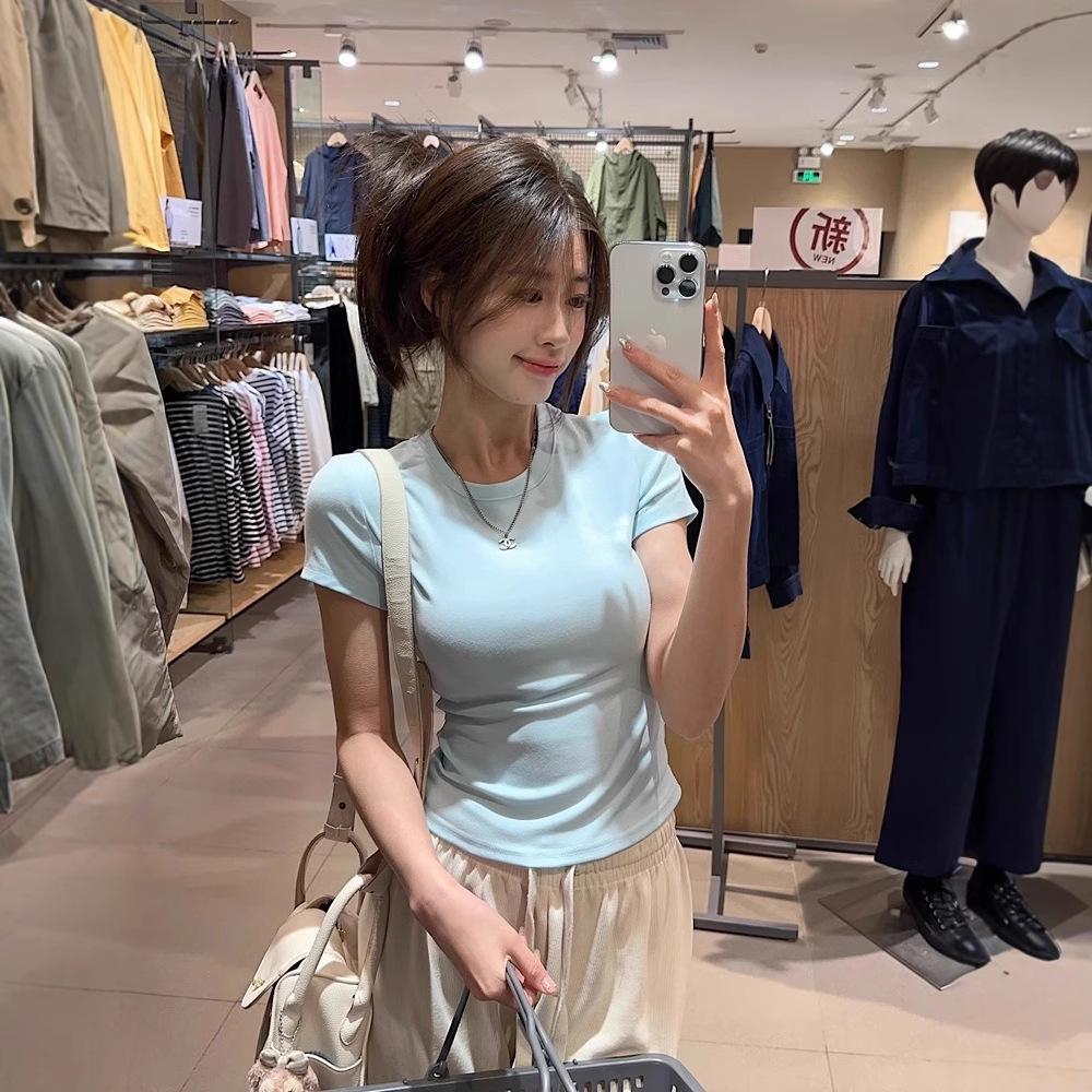 Korean Style Women's Black Slim Fit Round Neck Short Sleeve Summer T-Shirt