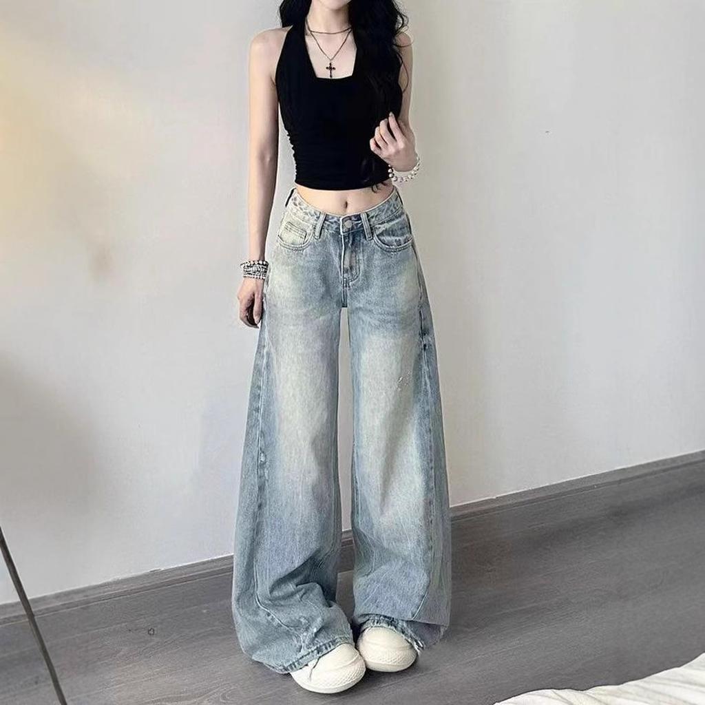 Wearable Micro-large Denim Wide-legged Trousers Women's Large Size Design Sense Blue High-waisted Loose Straight Trailing Long Trousers Denim Pants