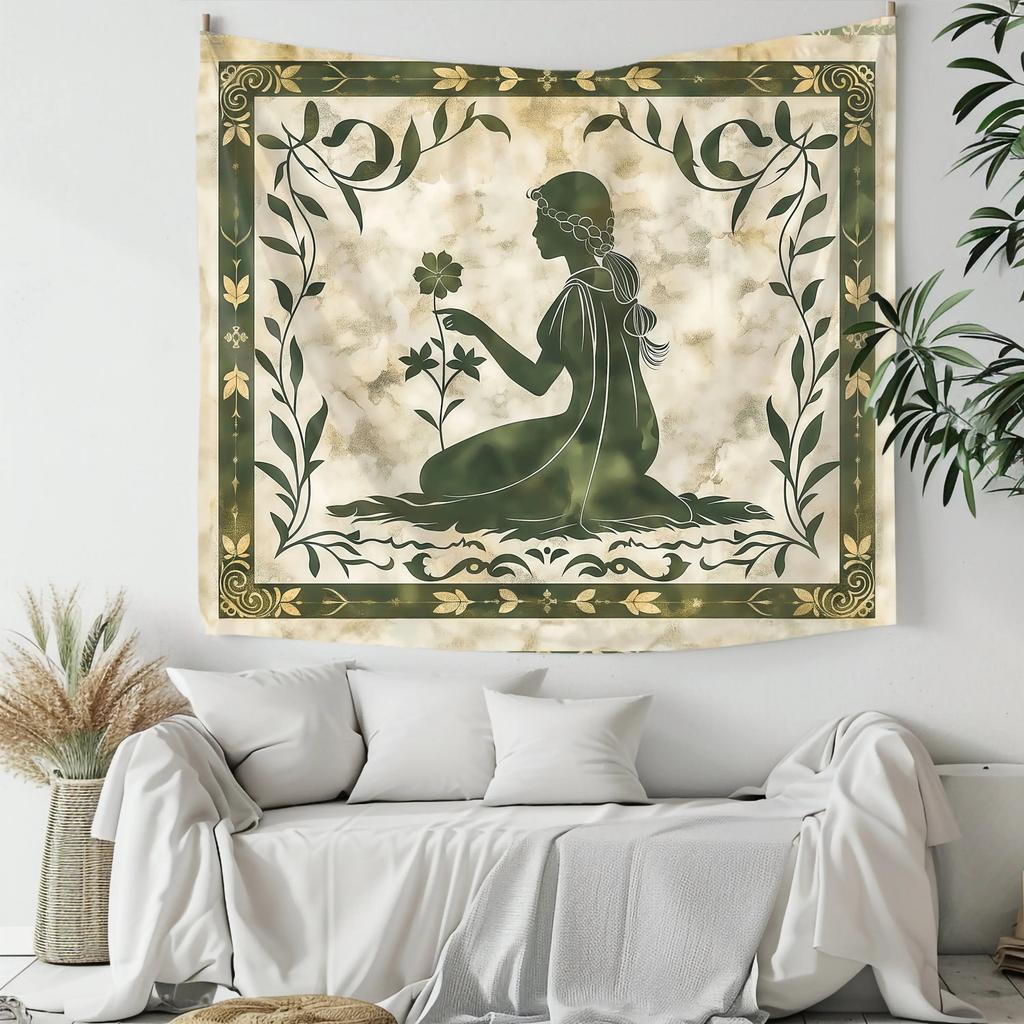 Vintage Girl Silhouette Floral Tapestry 2D Flat Printed Peach Skin Wall Hanging Aesthetic Room Decor for Bedroom Living Room