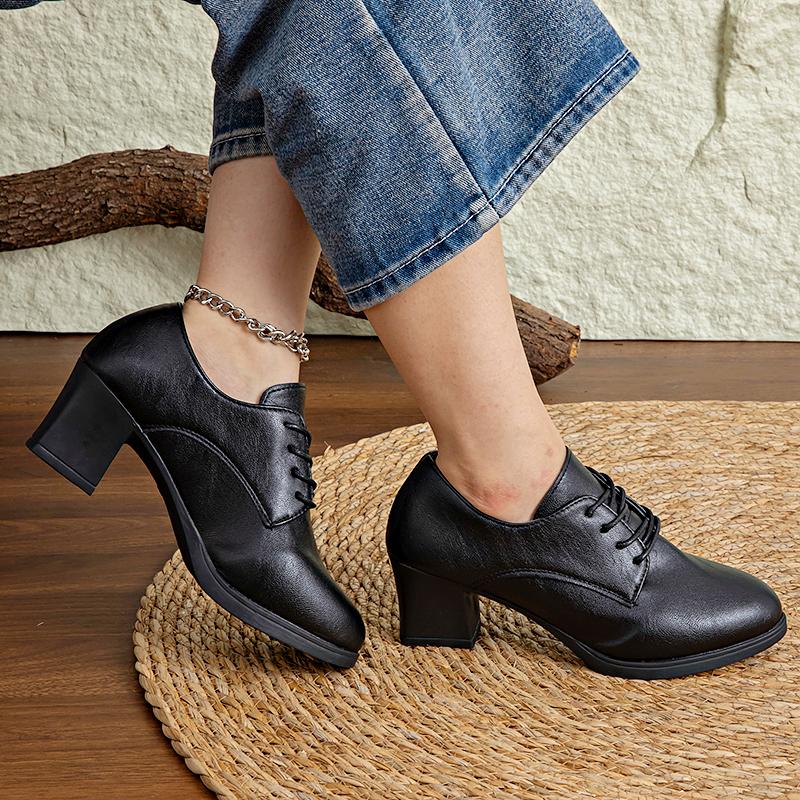 New Women'S Deep-Mouth Slip-Ons, Summer Soft Leather, Lace-Up Chunky Heel Casual Commuting Shoes
