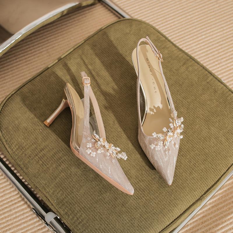 

7520-1 [овчина] туфли на высоком каблуке женские тонкие каблуки 2025 новые остроносые с открытой пяткой сандалии темпераментные хрустальные свадебные туфли 34