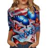 Women's Fashionable Casual Independence Day Flag and Stars Print Neck Three-Quarter Sleeve T-Shirt Top