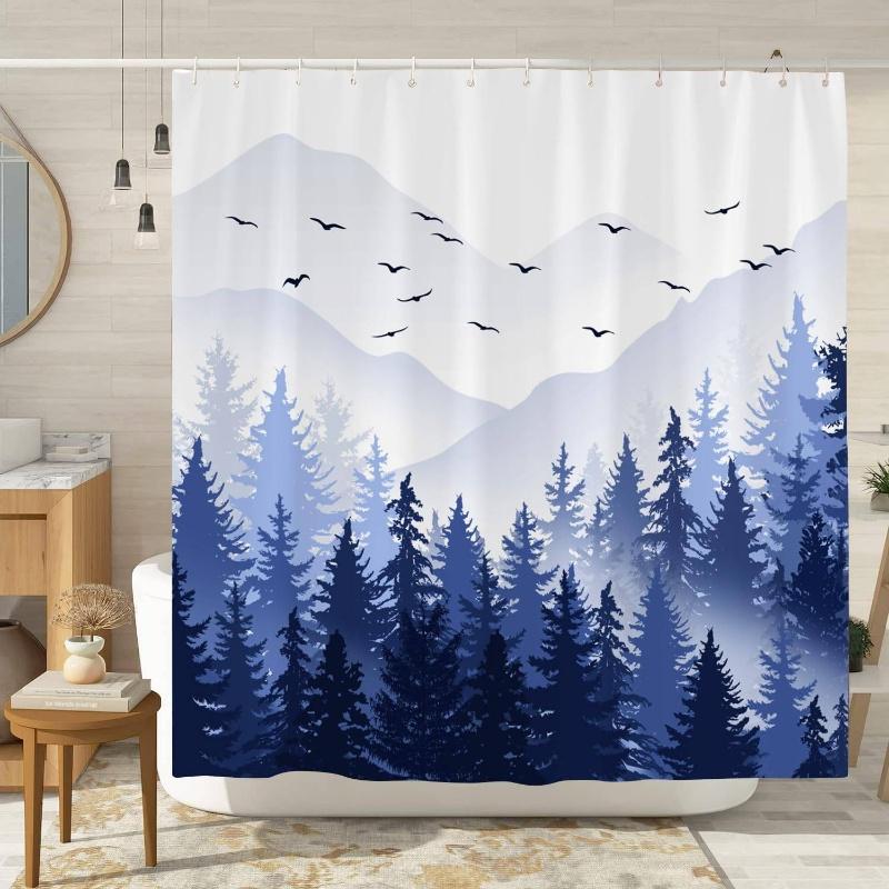 

Misty Mountain Shower Curtain - Navy Forest Pine Tree Foggy Landscape with Snow-Capped Mountains & Birds, 72x72 Inch Fabric Bath 90x180cm35x71in