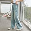 Girls' Summer Thin Side Seam Embroidered Bowknot Jeans Loose Straight Wide Leg Denim Pants Teenagers Pure Color Washed Trousers
