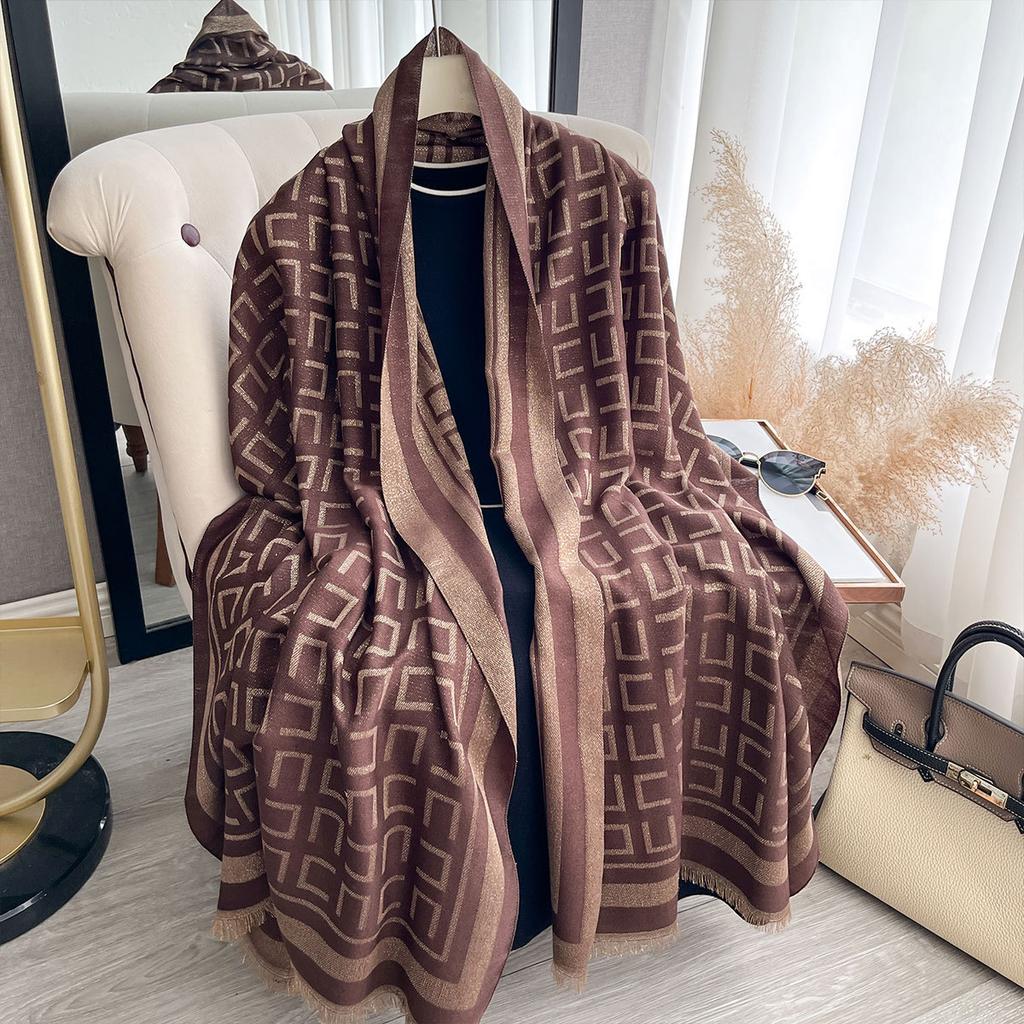 Spring And Autumn Thin Imitation Cashmere Scarf Women'S Versatile Letter Gold Line Decoration Air Conditioning Shawl Warm Thickened Scarf