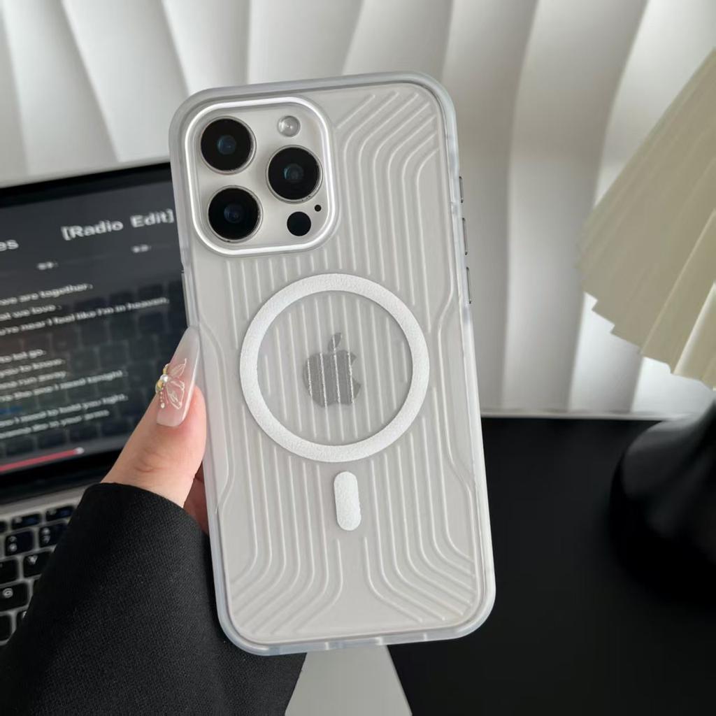 Semi-transparent Corrugated Anti-slip Frame Metal Button Magnetic Suction Phone Case Suitable for IPhone16Pro Anti-fall 15/14