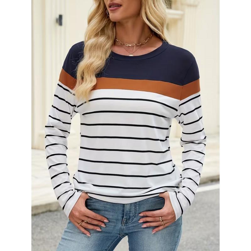 Color Block Striped Crew Neck Long Sleeve T-Shirt Slim Fit Casual Top Daily Wear