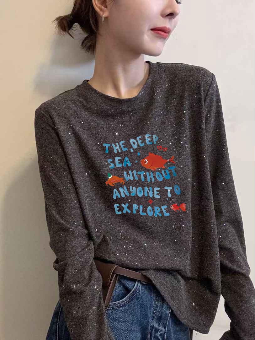

Women s Cartoon Print Deep Gray Crew Neck Long Sleeve T-Shirt - Autumn/Winter Korean Style Base Layer XXL
