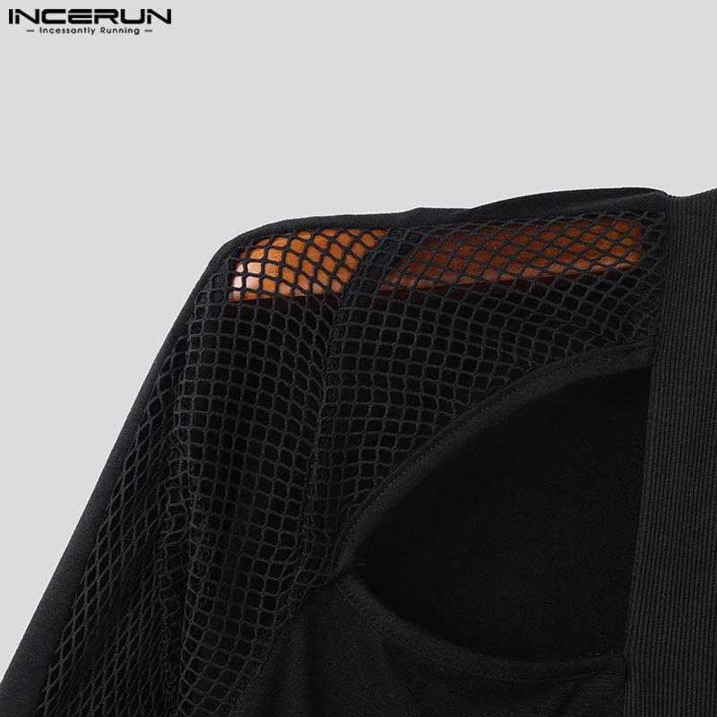 INCERUN Pánské topy a trička s dlouhým rukávem, výstřihem, kříženým patchworkem a netylovou vsadkou