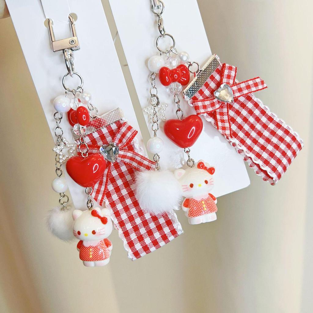 Pink Cartoon Cat Phone Charm & Heart Fur Ball Keychain Pendant