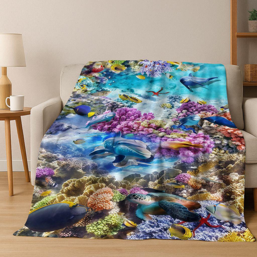 26 Style Underwater World Sea Dolphin Turtle Coral Art Flannel Blanket,Cozy Soft Throw Blanket for Home Bedroom Bed Sofa Kids